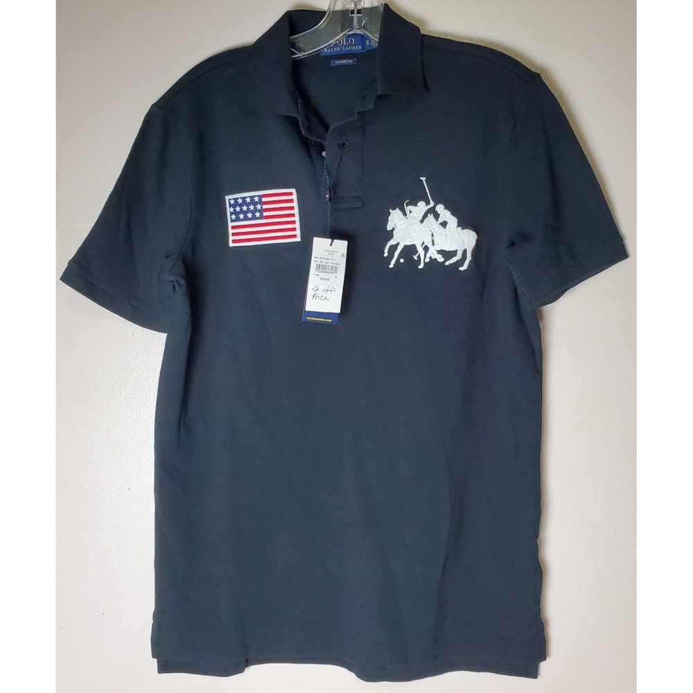 Polo Ralph Lauren NWT Classic Fit Polo Black American Flag White Dual Match Pony